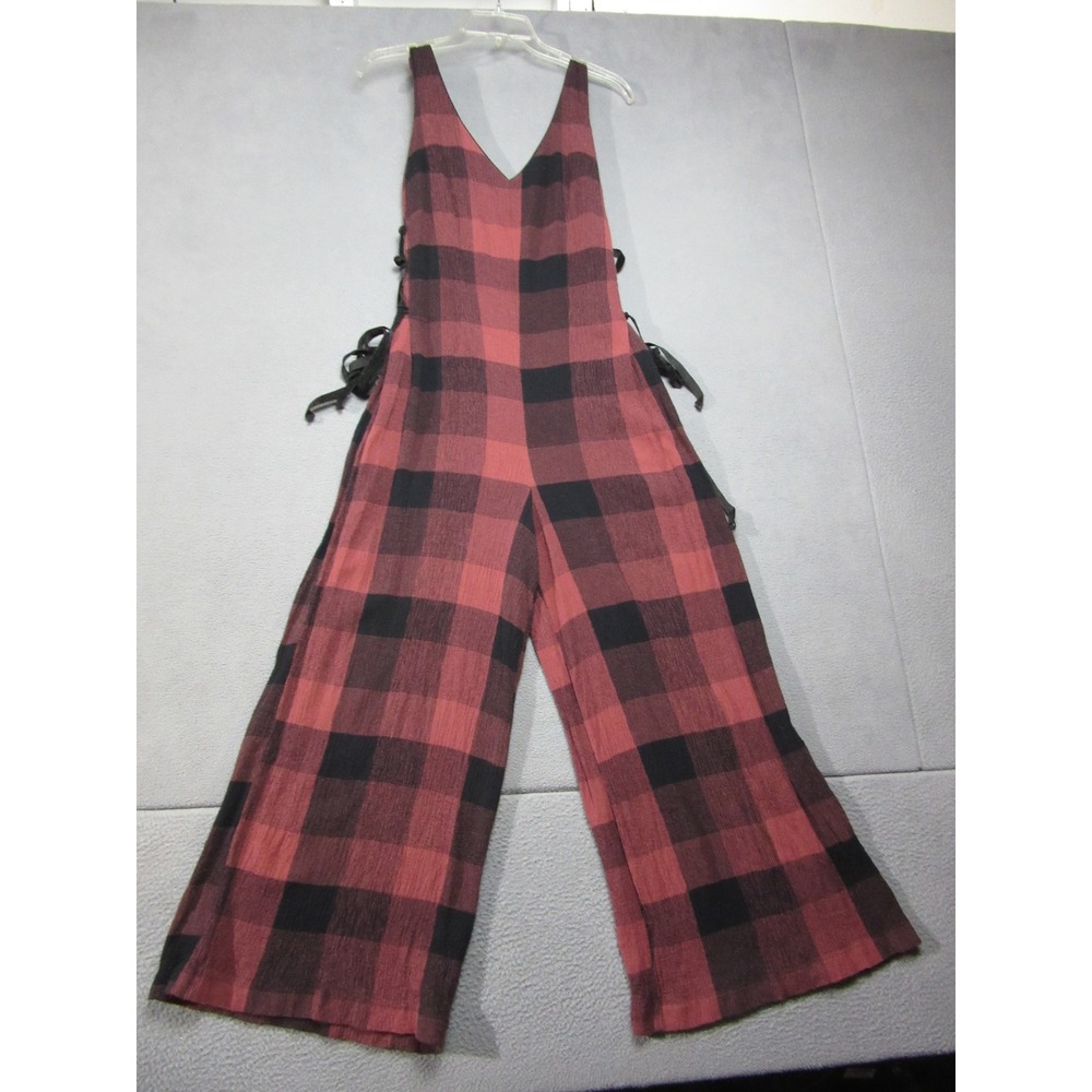 Etoile Anthropologie Jumpsuit Womens 12 Red Black Plaid Side Lace Up Wide Leg